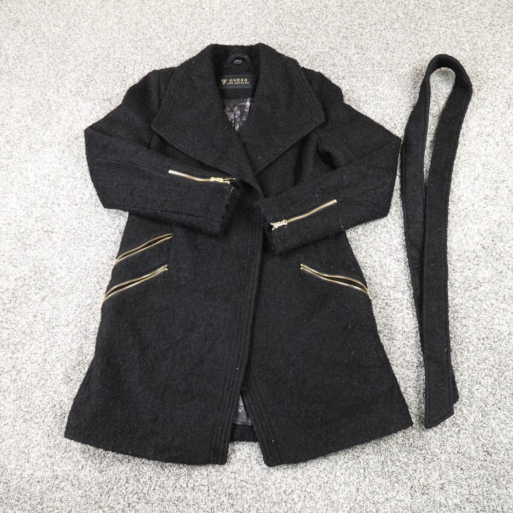 Guess Jacket Womens L Black Heavy Wool Pea Coat Parka Trench Overcoat Goth Y2K
